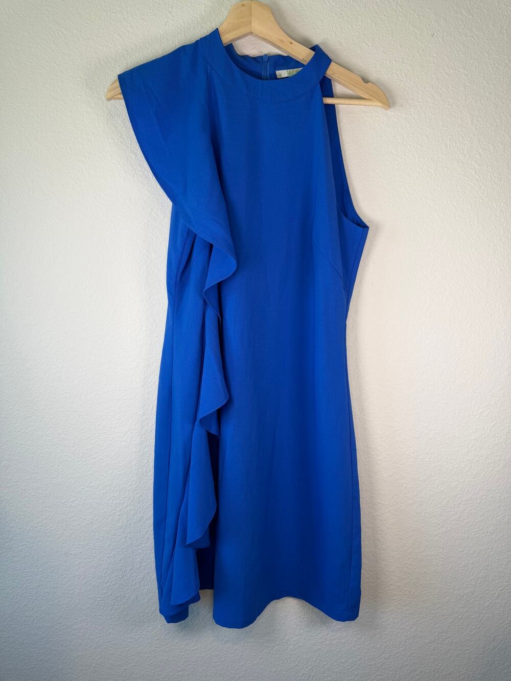 Jade Melody Tam Side Ruffle Halter Shift Dress Royal Blue Mini Cocktail Womens S